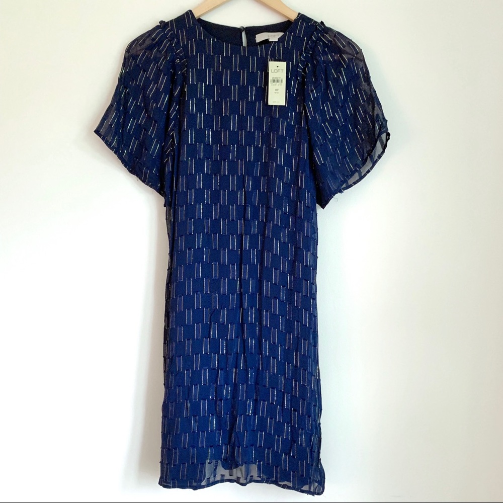 LOFT Royal Blue Silver Stitch Bell Sleeve Dress